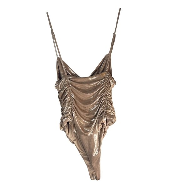 ZARA Shimmer Ruched Bodysuit XL Metallic Shiny Gold Polyester/Elastane NWT - Picture 12 of 15